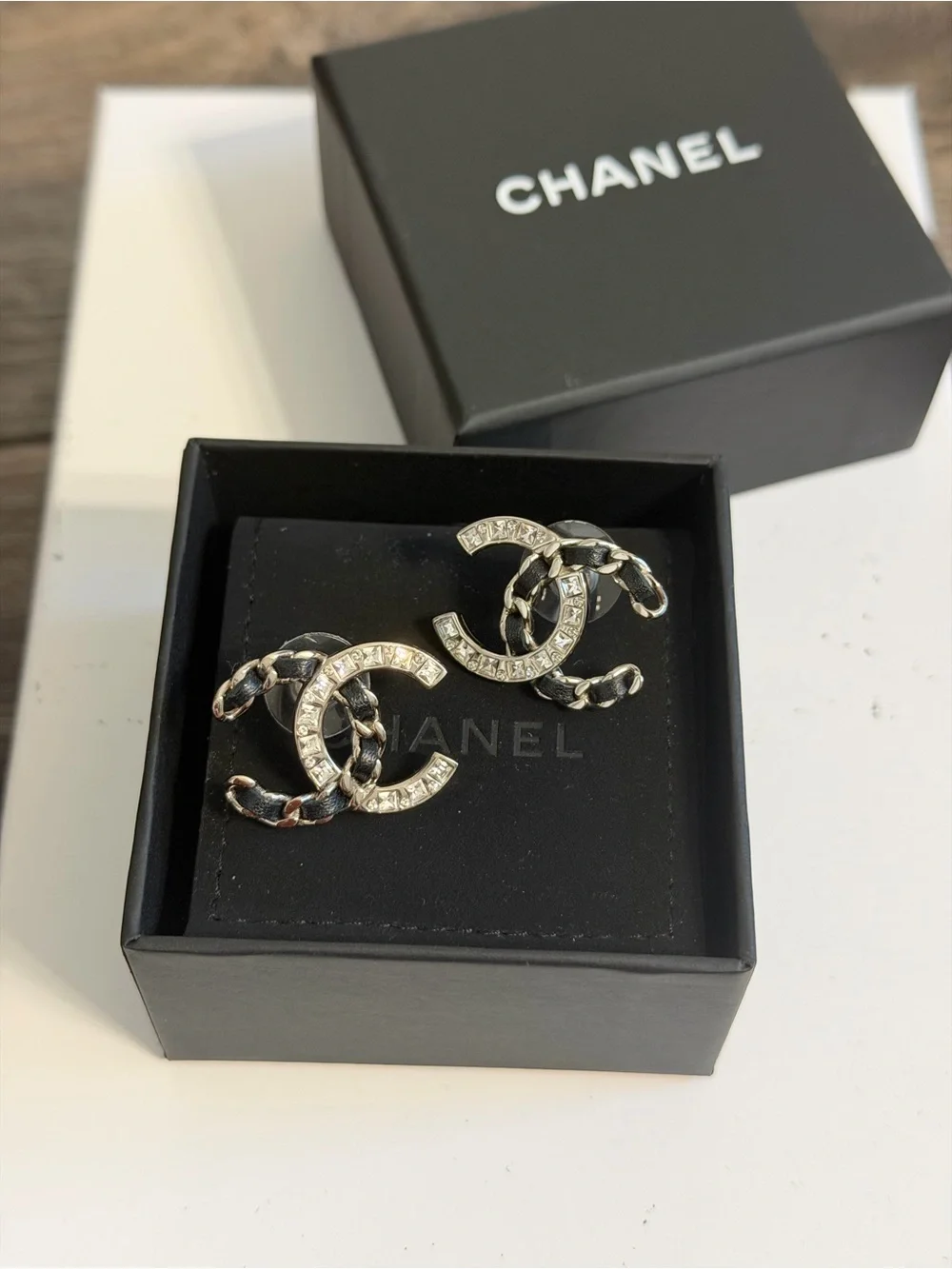 Chanel Silver Crystal CC Black Leather Statement Stud Earrings